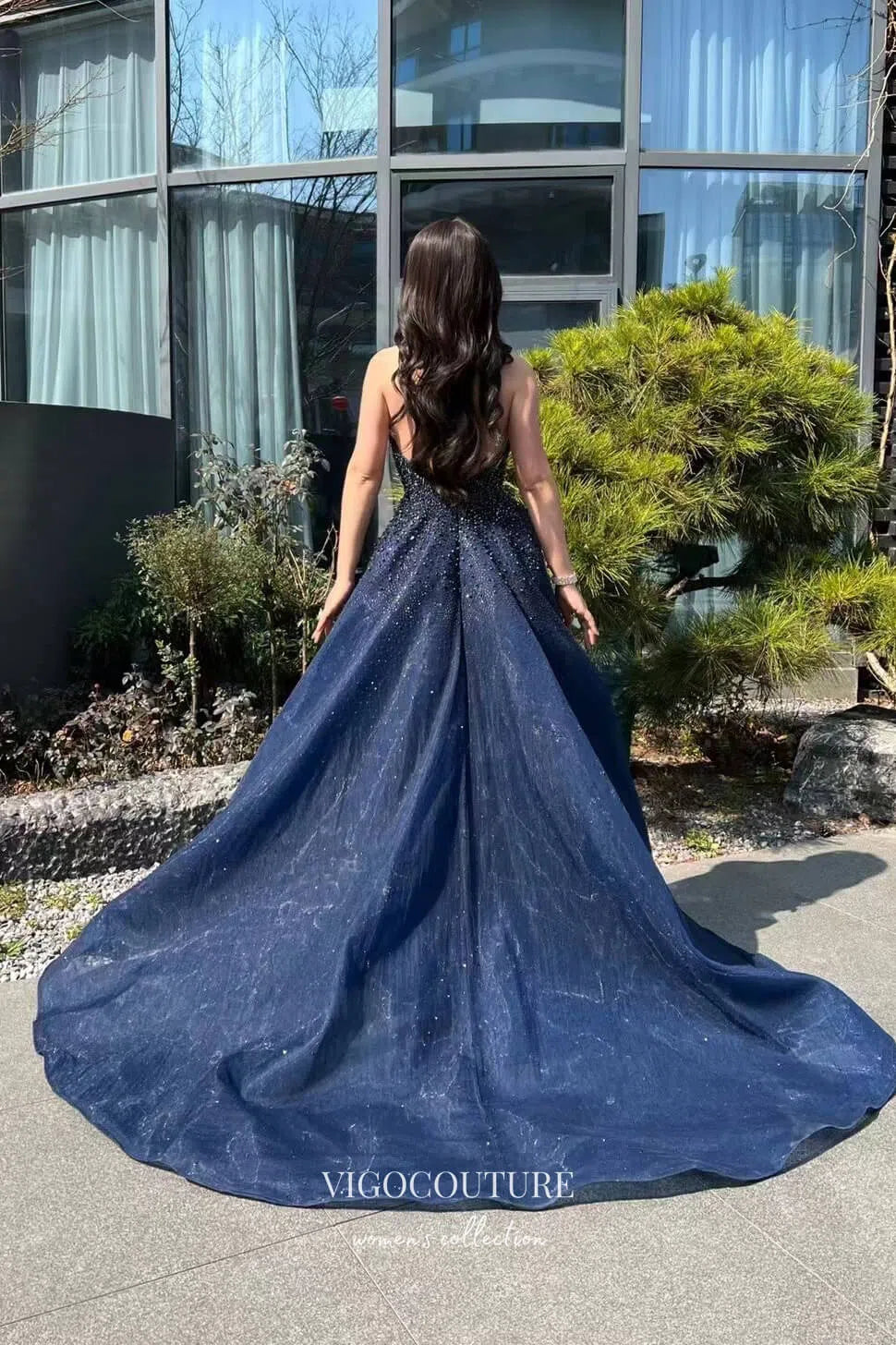 Prom Dress 2025 Gorgeous Navy Blue Beaded Prom Dress with Plunging Neck 22247-unique elegant Prom Dresses-Navy Blue-US2-vigocouture