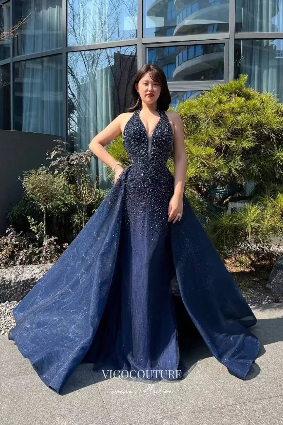 Prom Dress 2025 Gorgeous Navy Blue Beaded Prom Dress with Plunging Neck 22247-unique elegant Prom Dresses-Navy Blue-US2-vigocouture