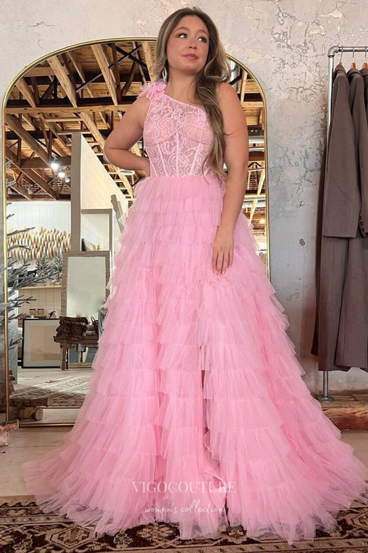 Prom Dress 2025 Gorgeous One-Shoulder Prom Dress with Lace Applique, Ruffled Bottom, and Slit 22220-unique elegant Prom Dresses-Pink-Custom Size-vigocouture