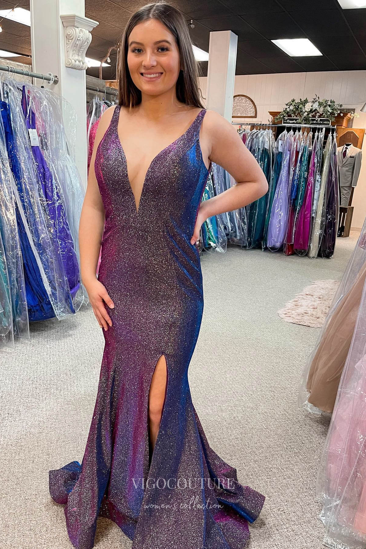 Prom Dress 2025 Gorgeous Purple Satin Mermaid Prom Dress with Sparkling Details, Plunging V-Neckline, and Thigh-High Slit 22204-unique elegant Prom Dresses-Purple-Custom Size-vigocouture