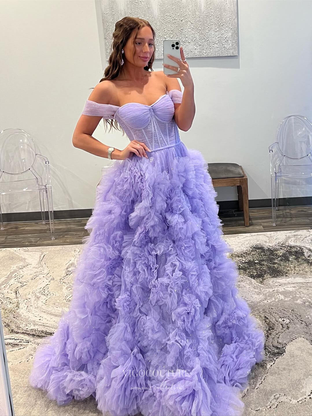 Prom Dress 2025 Gorgeous Ruffled Prom Dresses with Slit Off the Shoulder Tiered Formal Gown 24044-unique elegant Prom Dresses-Lavender-Custom Size-vigocouture