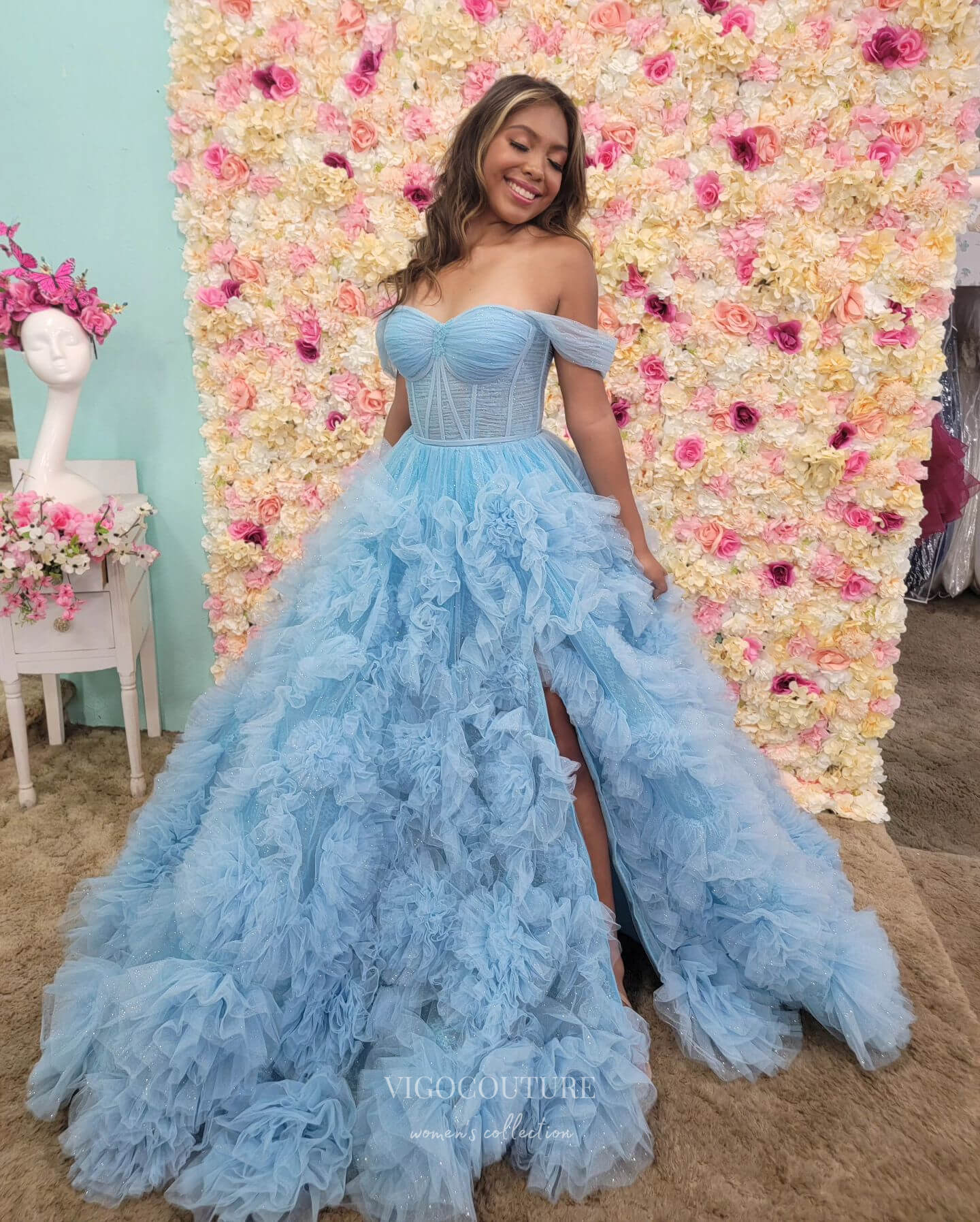 Prom Dress 2025 Gorgeous Ruffled Prom Dresses with Slit Off the Shoulder Tiered Formal Gown 24044-unique elegant Prom Dresses-Light Blue-Custom Size-vigocouture