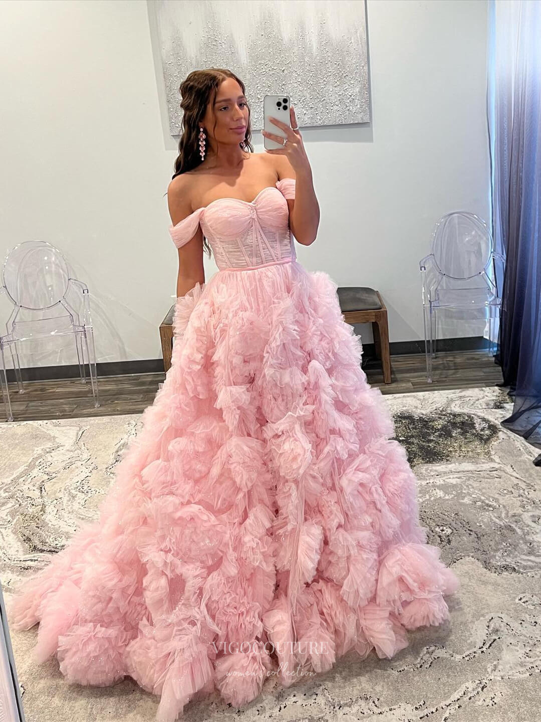 Prom Dress 2025 Gorgeous Ruffled Prom Dresses with Slit Off the Shoulder Tiered Formal Gown 24044-unique elegant Prom Dresses-Pink-Custom Size-vigocouture