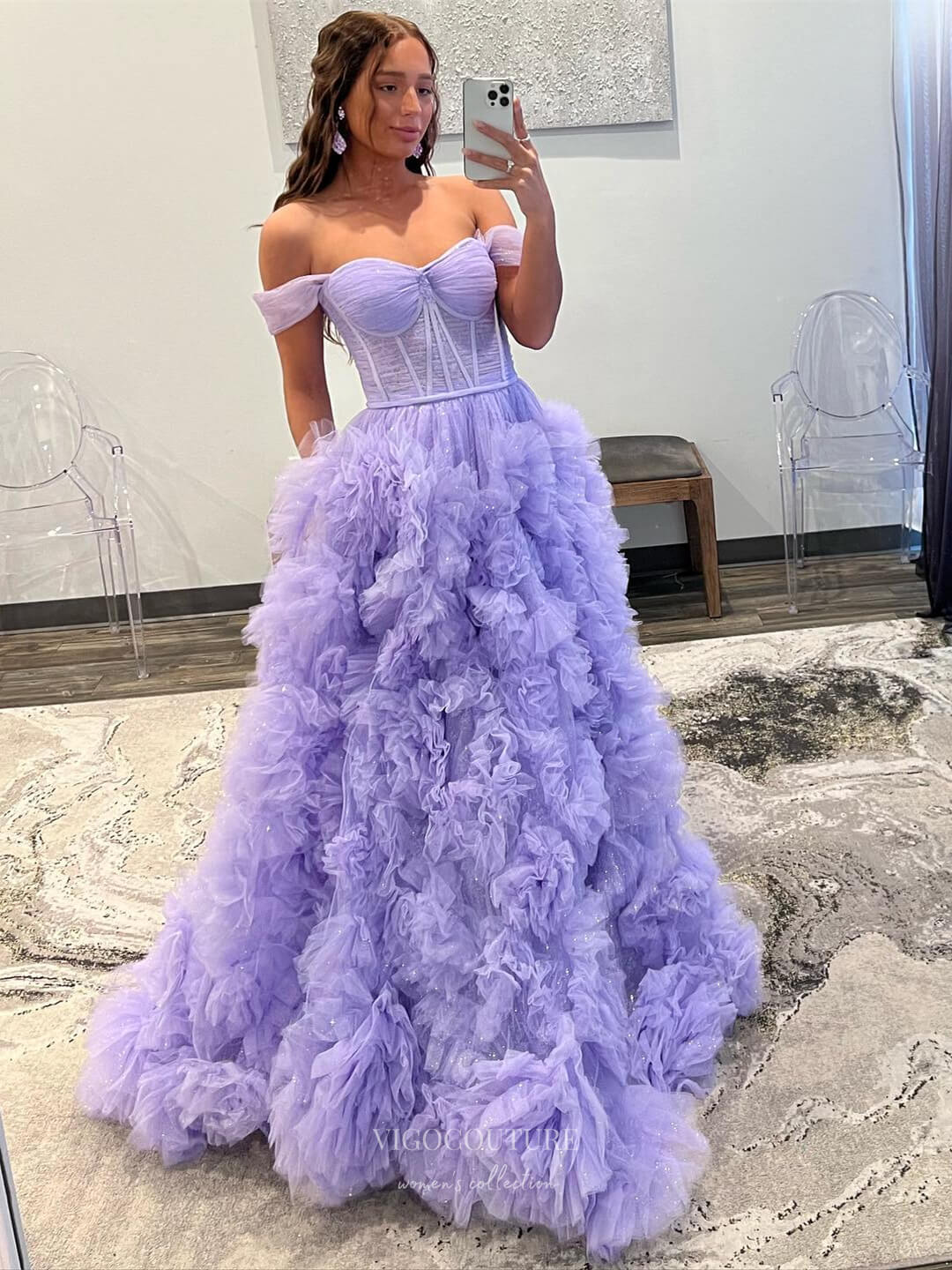 Prom Dress 2025 Gorgeous Ruffled Prom Dresses with Slit Off the Shoulder Tiered Formal Gown 24044-unique elegant Prom Dresses-Pink-Custom Size-vigocouture