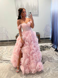 Prom Dress 2025 Gorgeous Ruffled Prom Dresses with Slit Off the Shoulder Tiered Formal Gown 24044-unique elegant Prom Dresses-Pink-Custom Size-vigocouture