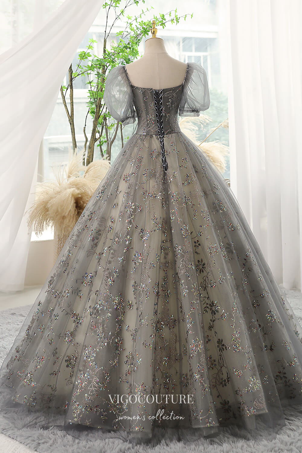 Prom Dress 2025 Gorgeous Sequin Lace Applique Prom Dress with Puffed Sleeve 22288-unique elegant Prom Dresses-Grey-Custom Size-vigocouture