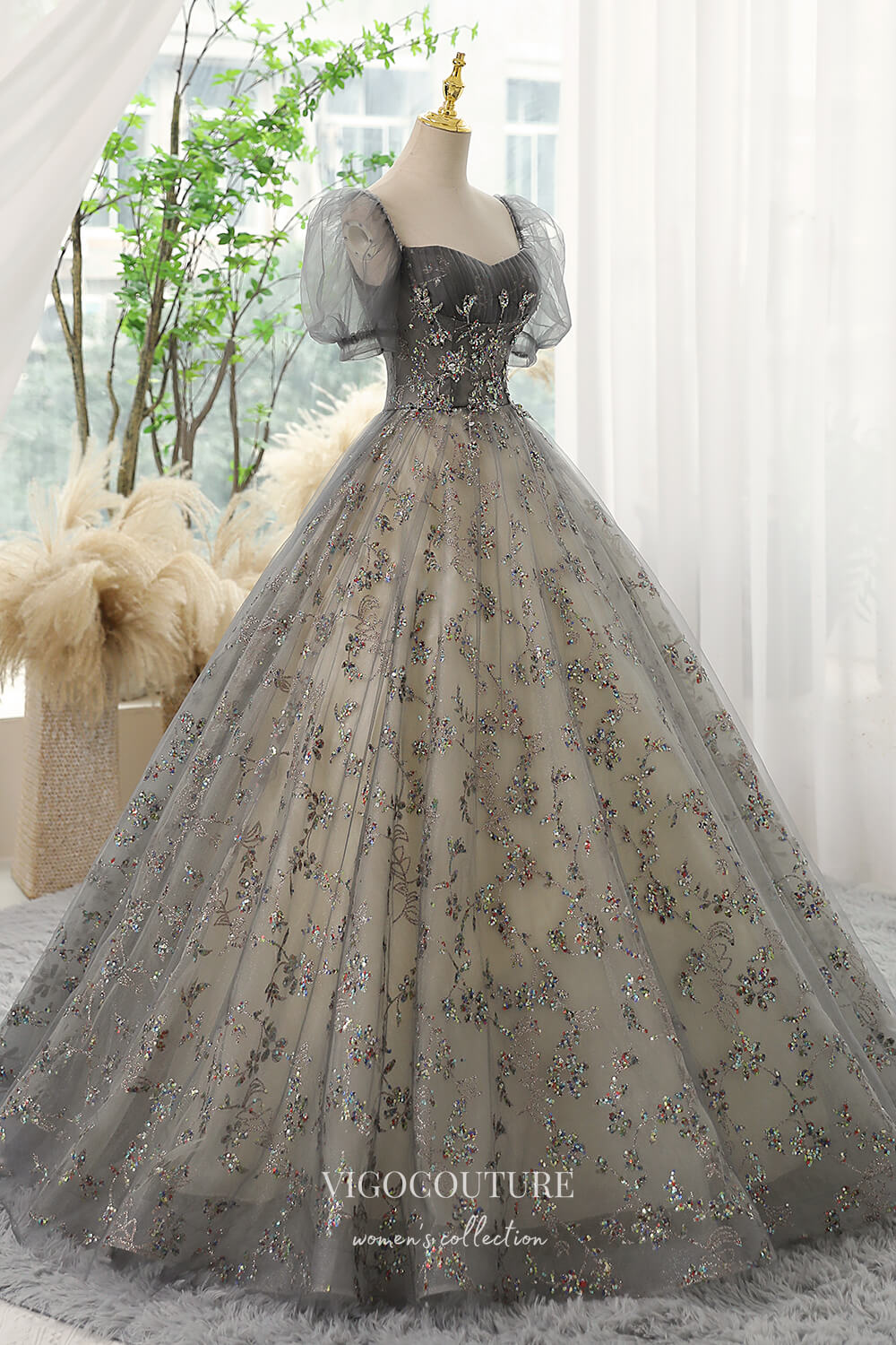 Prom Dress 2025 Gorgeous Sequin Lace Applique Prom Dress with Puffed Sleeve 22288-unique elegant Prom Dresses-Grey-Custom Size-vigocouture