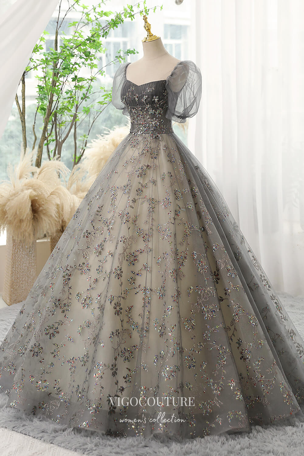 Prom Dress 2025 Gorgeous Sequin Lace Applique Prom Dress with Puffed Sleeve 22288-unique elegant Prom Dresses-Grey-Custom Size-vigocouture