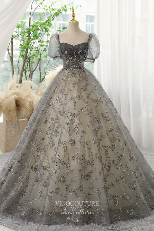 Prom Dress 2025 Gorgeous Sequin Lace Applique Prom Dress with Puffed Sleeve 22288-unique elegant Prom Dresses-Grey-Custom Size-vigocouture