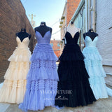 Prom Dress 2025 Gorgeous Sparkly Ruffled Tulle Prom Dress with High Slit, and Spaghetti Strap 21544-unique elegant Prom Dresses-Light Blue-Custom Size-vigocouture