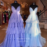 Prom Dress 2025 Gorgeous Sparkly Ruffled Tulle Prom Dress with High Slit, and Spaghetti Strap 21544-unique elegant Prom Dresses-Light Blue-Custom Size-vigocouture