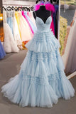 Prom Dress 2025 Gorgeous Sparkly Ruffled Tulle Prom Dress with High Slit, and Spaghetti Strap 21544-unique elegant Prom Dresses-Light Blue-Custom Size-vigocouture