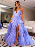 Prom Dress 2025 Gorgeous Sparkly Ruffled Tulle Prom Dress with High Slit, and Spaghetti Strap 21544-unique elegant Prom Dresses-Light Blue-Custom Size-vigocouture