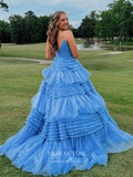 Prom Dress 2025 Gorgeous Sparkly Ruffled Tulle Prom Dress with High Slit, and Spaghetti Strap 21544-unique elegant Prom Dresses-Light Blue-Custom Size-vigocouture