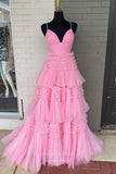 Prom Dress 2025 Gorgeous Sparkly Ruffled Tulle Prom Dress with High Slit, and Spaghetti Strap 21544-unique elegant Prom Dresses-Pink-Custom Size-vigocouture