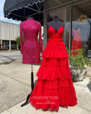 Prom Dress 2025 Gorgeous Sparkly Ruffled Tulle Prom Dress with High Slit, and Spaghetti Strap 21544-unique elegant Prom Dresses-Red-Custom Size-vigocouture