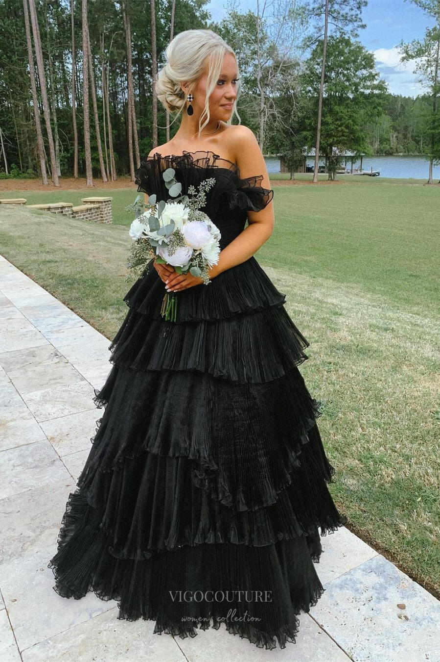 Prom Dress 2025 Gorgeous Tiered Ruffled Prom Dresses Layered Formal Gown 24354-unique elegant Prom Dresses-Black-Custom Size-vigocouture