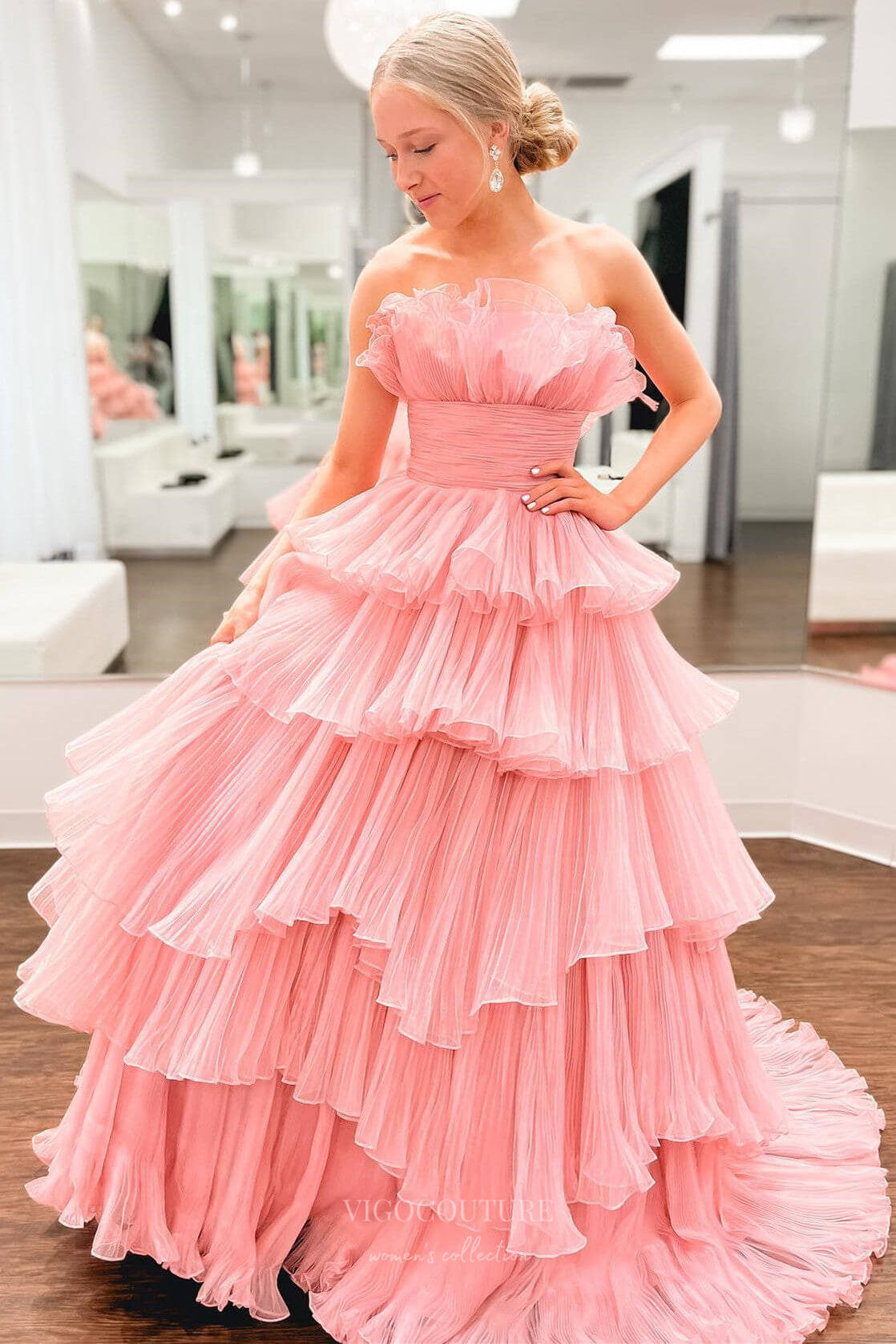 Prom Dress 2025 Gorgeous Tiered Ruffled Prom Dresses Layered Formal Gown 24354-unique elegant Prom Dresses-Pink-Custom Size-vigocouture