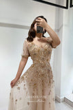 Prom Dress 2025 Graceful Champagne Beaded Prom Dress with Short Sleeve and V-Neck 22250-unique elegant Prom Dresses-Champagne-US2-vigocouture