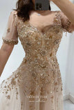 Prom Dress 2025 Graceful Champagne Beaded Prom Dress with Short Sleeve and V-Neck 22250-unique elegant Prom Dresses-Champagne-US2-vigocouture