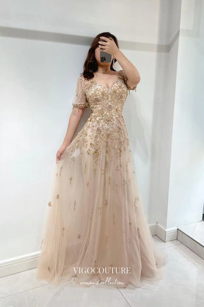 Graceful Champagne Beaded Prom Dress with Short Sleeve and V-Neck 22250 Champagne / US2 Graceful Champagne Beaded Prom Dress with Short Sleeve and V-Neck 22250 Champagne / US2
