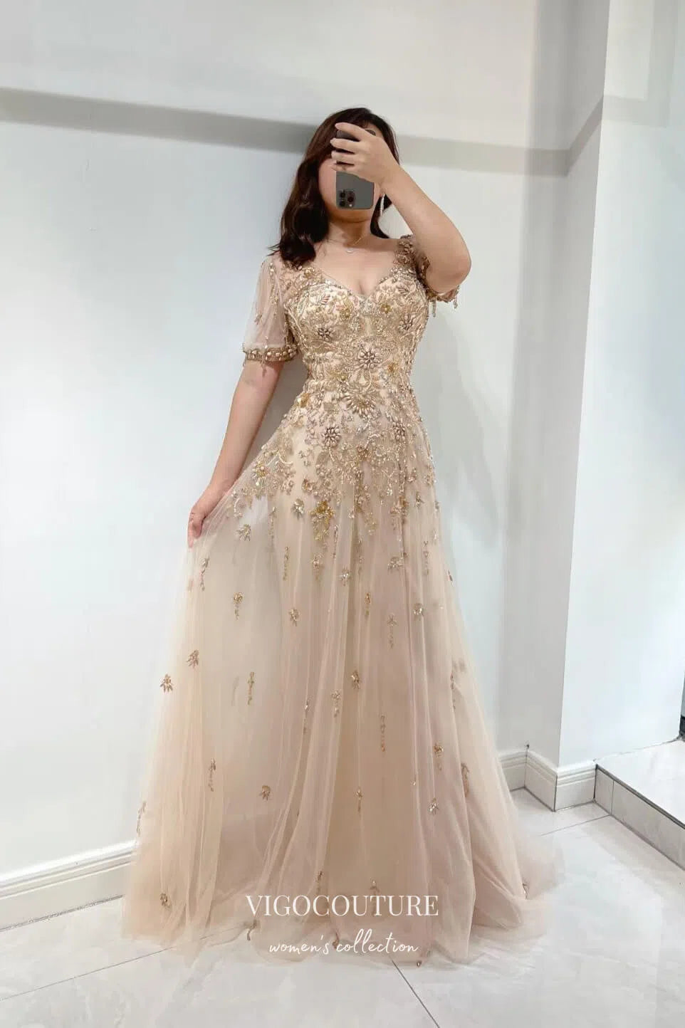 Graceful Champagne Beaded Prom Dress with Short Sleeve and V-Neck 2225 – vigocouture