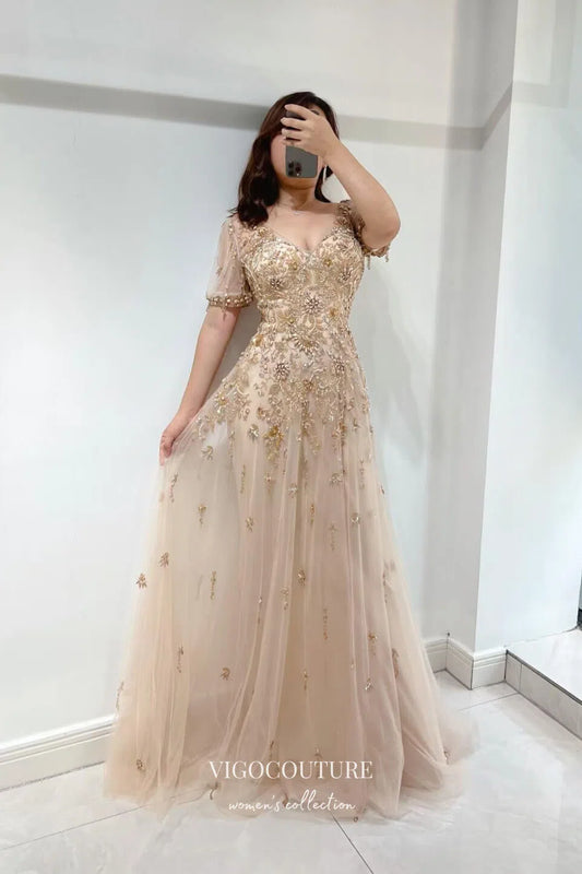 Prom Dress 2025 Graceful Champagne Beaded Prom Dress with Short Sleeve and V-Neck 22250-unique elegant Prom Dresses-Champagne-US2-vigocouture