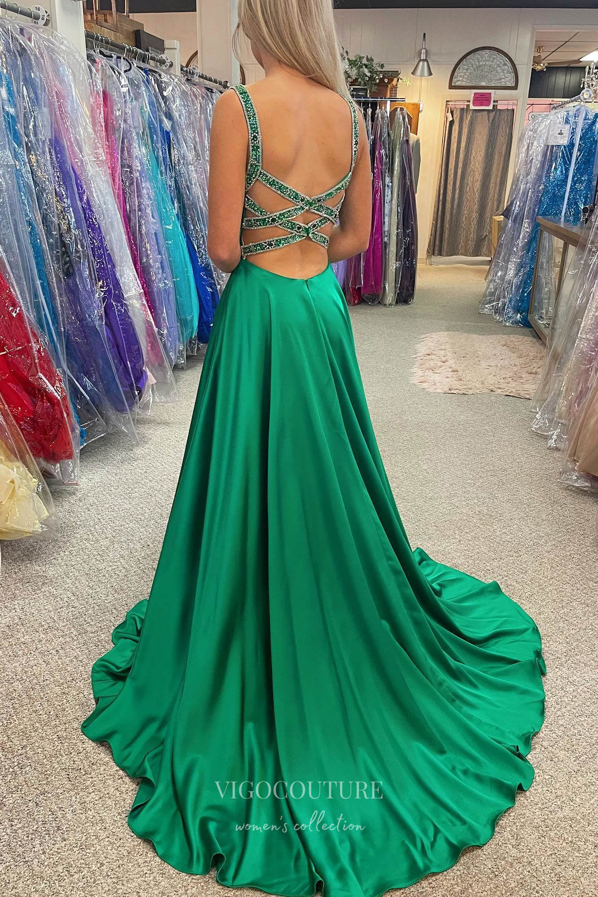 Prom Dress 2025 Graceful Green Satin Prom Dress with Beaded Spaghetti Strap and Pleated Bodice 22205-unique elegant Prom Dresses-Green-Custom Size-vigocouture