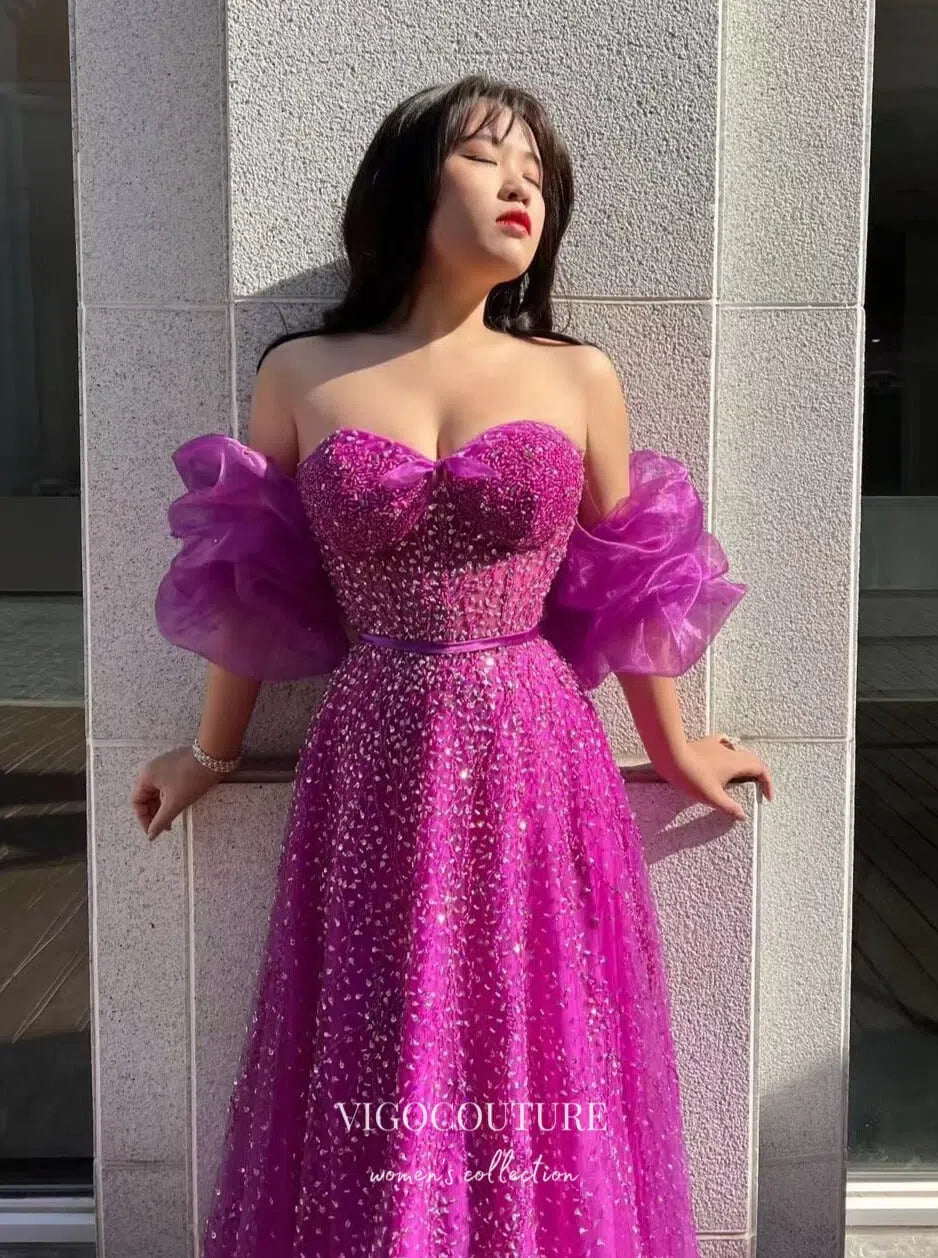 Graceful Magenta Beaded Prom Dress with Puffed Sleeve and Sweetheart Neck 22241 Magenta / US16 Graceful Magenta Beaded Prom Dress with Puffed Sleeve and Sweetheart Neck 22241 Magenta / US16