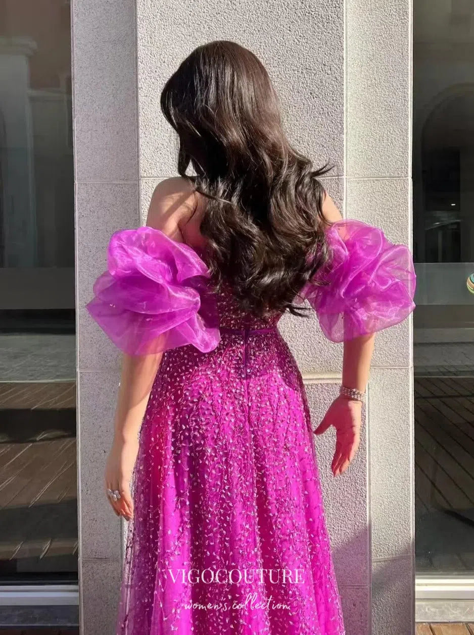 Prom Dress 2025 Graceful Magenta Beaded Prom Dress with Puffed Sleeve and Sweetheart Neck 22241-unique elegant Prom Dresses-Magenta-US2-vigocouture