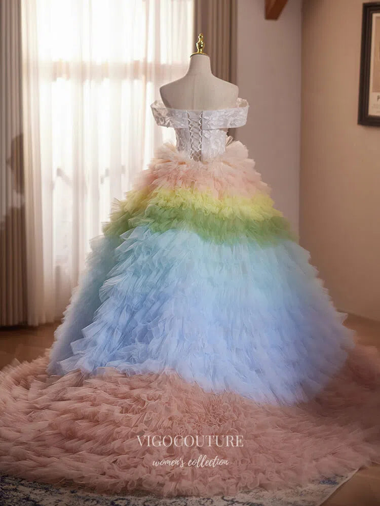 Prom Dress 2025 Gradient Tiered Ruffled Quinceanera Dresses Off the Shoulder Lace Applique Ball Gown 25036-unique elegant Prom Dresses-Gradient-Custom Size-vigocouture