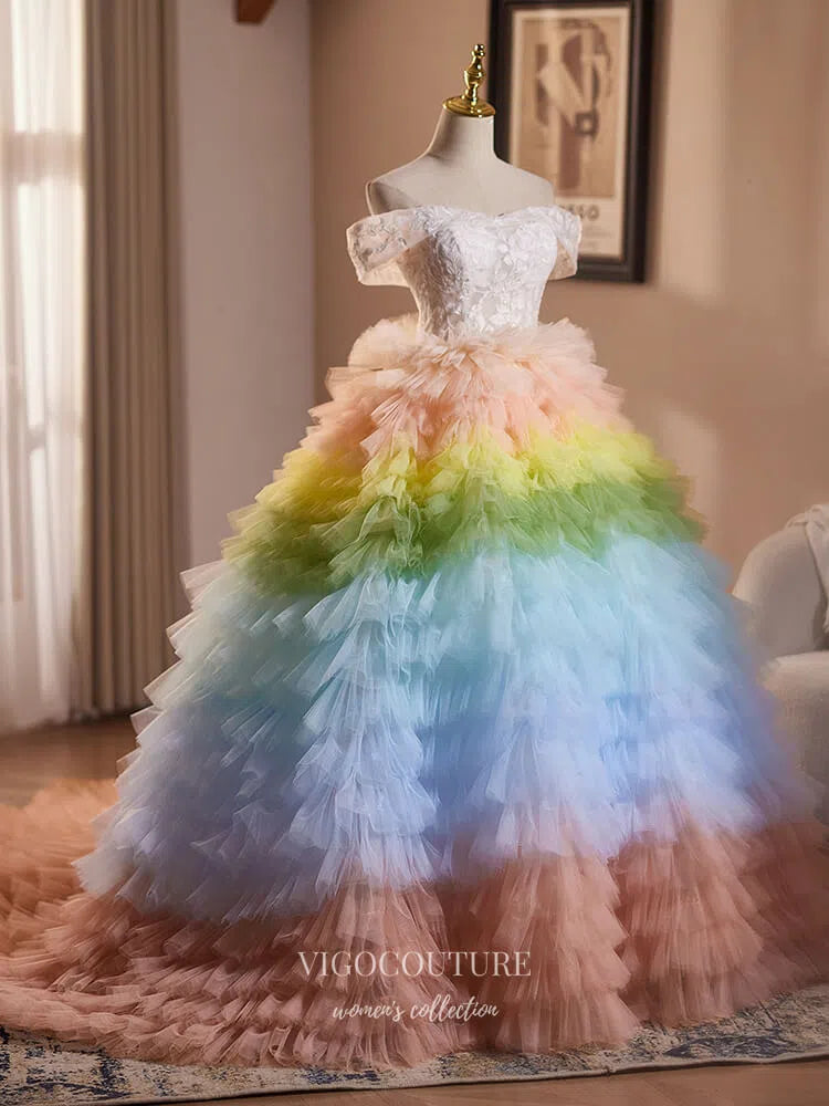 Prom Dress 2025 Gradient Tiered Ruffled Quinceanera Dresses Off the Shoulder Lace Applique Ball Gown 25036-unique elegant Prom Dresses-Gradient-Custom Size-vigocouture