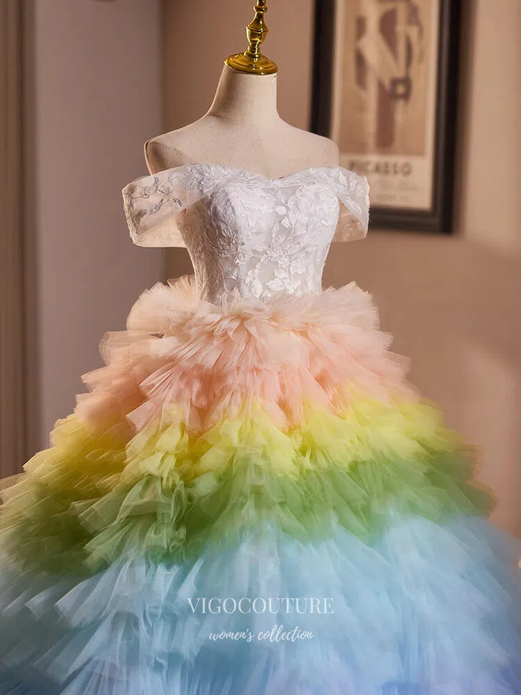 Prom Dress 2025 Gradient Tiered Ruffled Quinceanera Dresses Off the Shoulder Lace Applique Ball Gown 25036-unique elegant Prom Dresses-Gradient-Custom Size-vigocouture