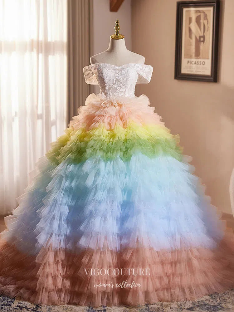 Prom Dress 2025 Gradient Tiered Ruffled Quinceanera Dresses Off the Shoulder Lace Applique Ball Gown 25036-unique elegant Prom Dresses-Gradient-Custom Size-vigocouture