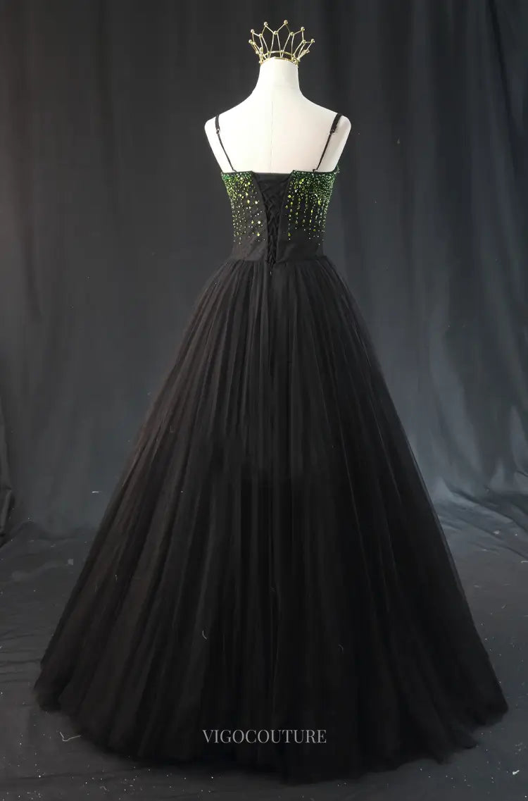 Green and Black Tulle Prom Dresses with Spaghetti Strap, Beaded Bodice vigocouture Green and Black Tulle Prom Dresses with Spaghetti Strap, Beaded Bodice vigocouture