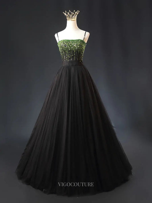 Prom Dresses 2025 to impress Green and Black Tulle Prom Dresses with Spaghetti Strap, Beaded Bodice, Formal Dresses SU057-vigocouture-Green-Custom Size-vigocouture