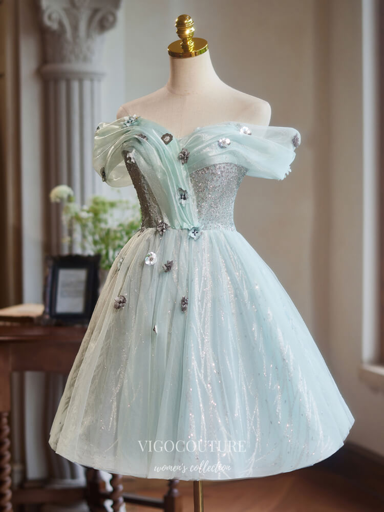 Green Beaded Flower Homecoming Dress Off the Shoulder Graduation Dress hc323 Green / US12