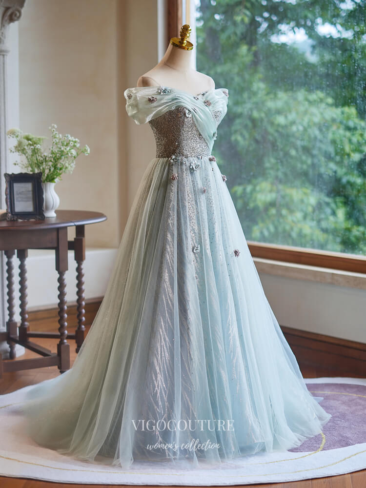 Green Beaded Lace Floral Prom Dresses Off the Shoulder Formal Gown 245 vigocouture Green Beaded Lace Floral Prom Dresses Off the Shoulder Formal Gown 245 vigocouture