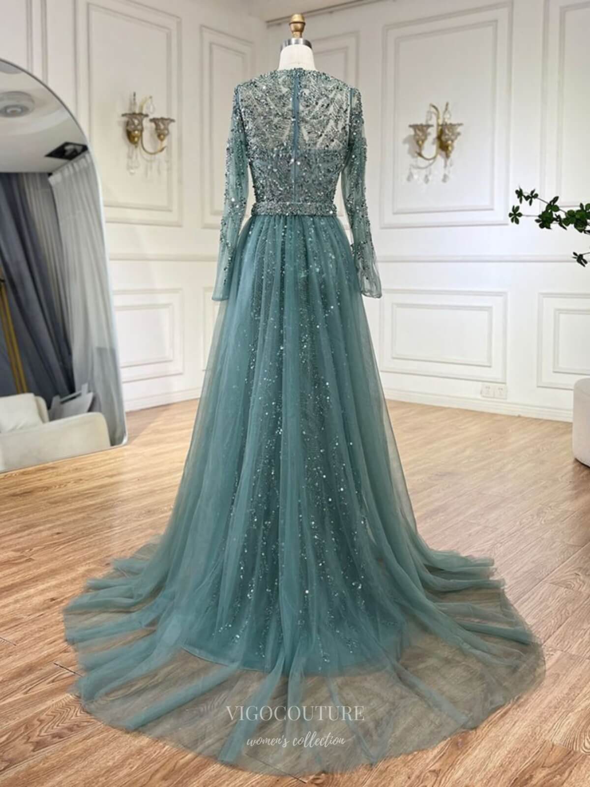 Green Beaded Lace Mermaid Prom Dresses with Removable Overskirt Long Sleeve Pageant Dress 25014 Green / US16 Green Beaded Lace Mermaid Prom Dresses with Removable Overskirt Long Sleeve Pageant Dress 25014 Green / US16