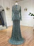 Prom Dress 2025 Green Beaded Lace Mermaid Prom Dresses with Removable Overskirt Long Sleeve Pageant Dress 25014-unique elegant Prom Dresses-Green-US2-vigocouture