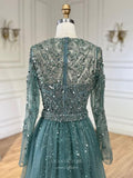 Prom Dress 2025 Green Beaded Lace Mermaid Prom Dresses with Removable Overskirt Long Sleeve Pageant Dress 25014-unique elegant Prom Dresses-Green-US2-vigocouture