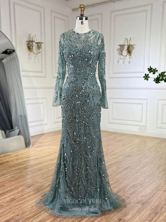 Prom Dress 2025 Green Beaded Lace Mermaid Prom Dresses with Removable Overskirt Long Sleeve Pageant Dress 25014-unique elegant Prom Dresses-Green-US2-vigocouture