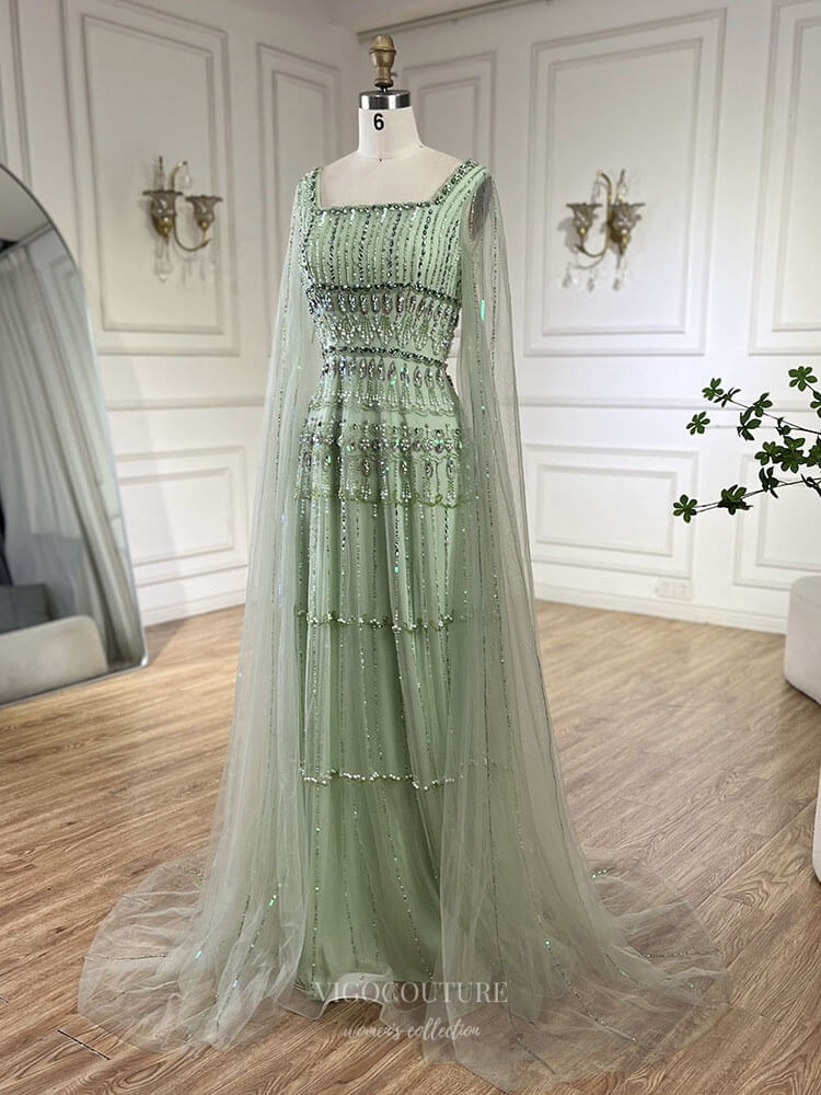 Green Beaded Pageant Dresses Extra Long Sleeve Square Neck Evening Dress 25029 Green / US14