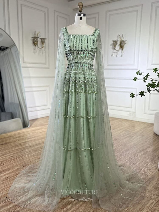 Prom Dress 2025 Green Beaded Pageant Dresses Extra Long Sleeve Square Neck Evening Dress 25029-unique elegant Prom Dresses-Green-US2-vigocouture