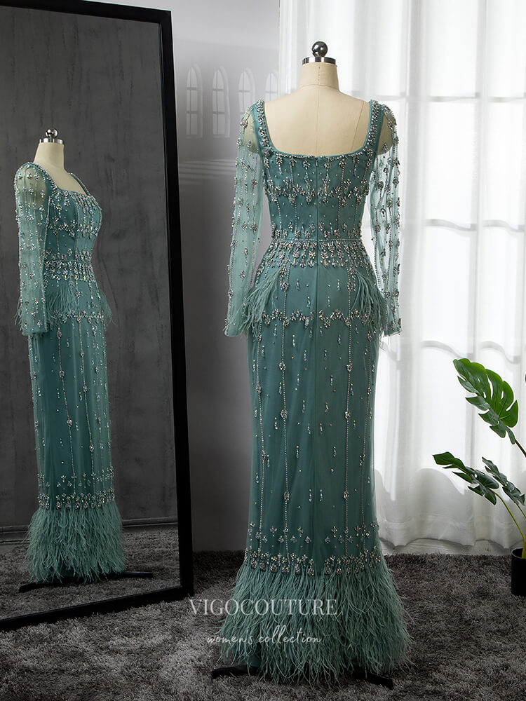 Prom Dress 2025 Green Beaded Prom Dresses Long Sleeve Square Neck Evening Gown 22086-unique elegant Prom Dresses-Green-US2-vigocouture