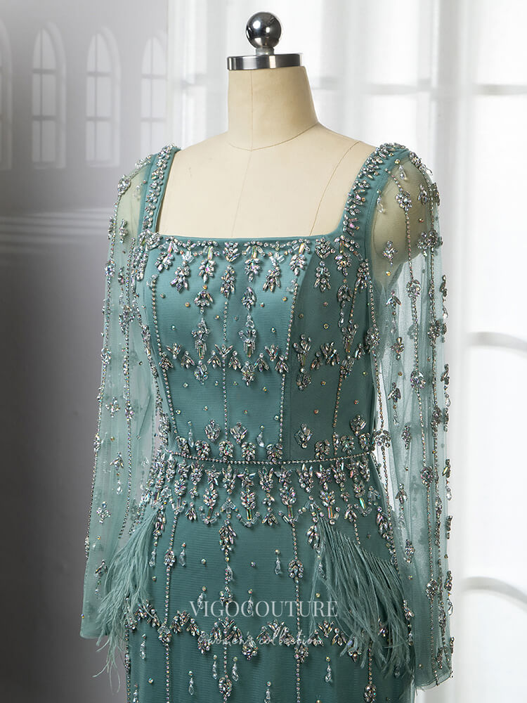 Green Beaded Prom Dresses Long Sleeve Square Neck Evening Gown 22086 Green / US14 Green Beaded Prom Dresses Long Sleeve Square Neck Evening Gown 22086 Green / US14