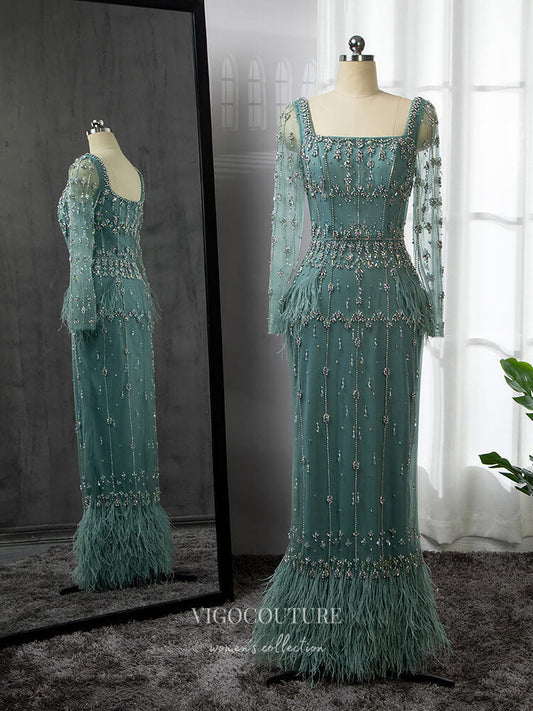 Prom Dress 2025 Green Beaded Prom Dresses Long Sleeve Square Neck Evening Gown 22086-unique elegant Prom Dresses-Green-US2-vigocouture