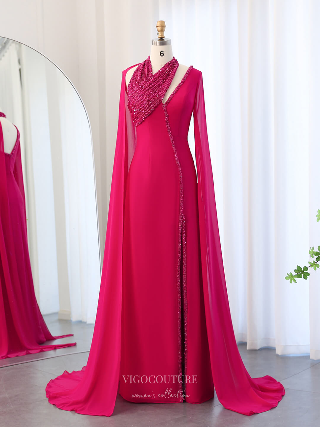 Green Beaded Sheath Prom Dresses with Slit Cape Sleeve Mother of the B vigocouture Green Beaded Sheath Prom Dresses with Slit Cape Sleeve Mother of the B vigocouture