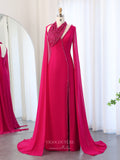 Prom Dress 2025 Green Beaded Sheath Prom Dresses with Slit Cape Sleeve Mother of the Bride Dress 24429-unique elegant Prom Dresses-Fuchsia-US2-vigocouture