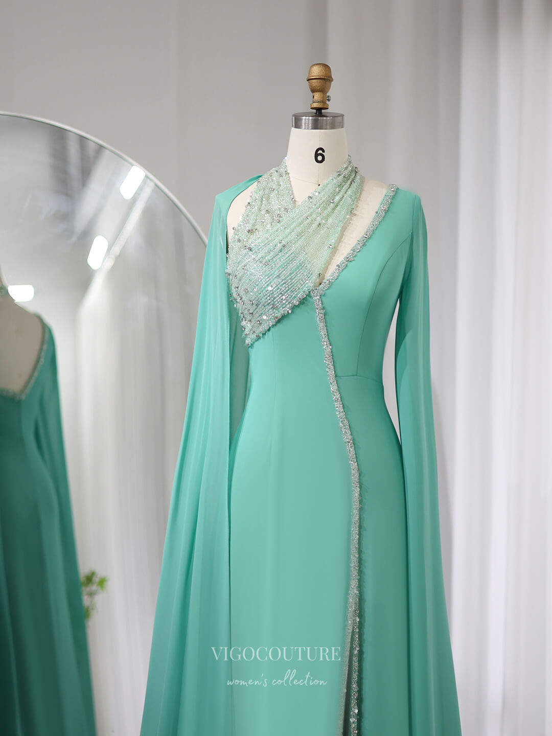 Prom Dress 2025 Green Beaded Sheath Prom Dresses with Slit Cape Sleeve Mother of the Bride Dress 24429-unique elegant Prom Dresses-Green-US2-vigocouture